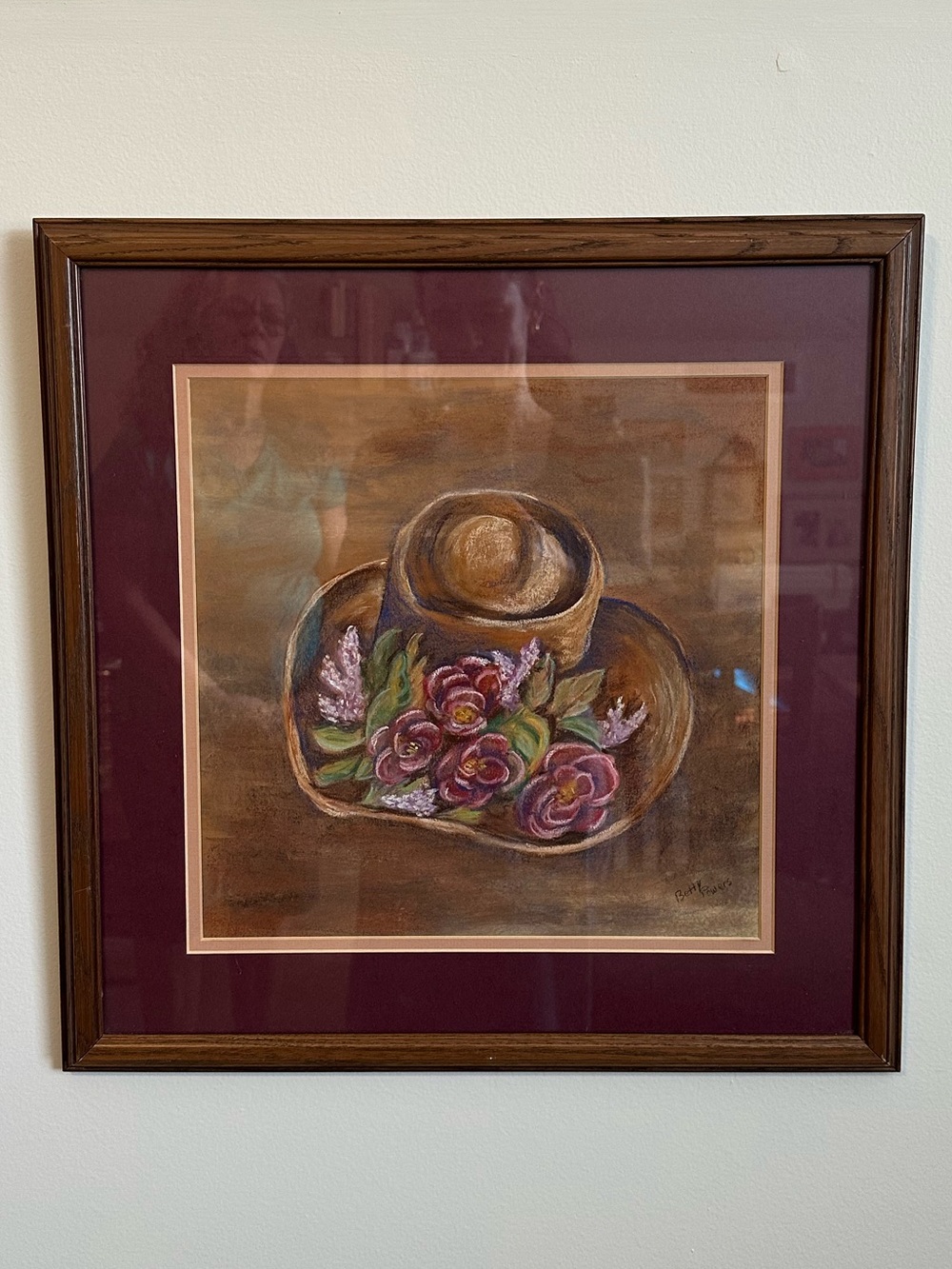 Vintage Framed Floral Wall Art - Brown & Burgundy Hat with Roses by Betty Powers
